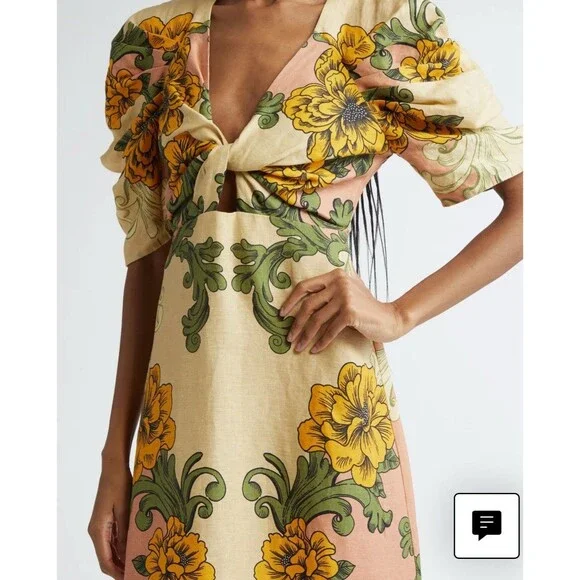 Farm Rio Delicate Flower Arabesques Premium Linen Midi Dress Small New $280 - Picture 2 of 7